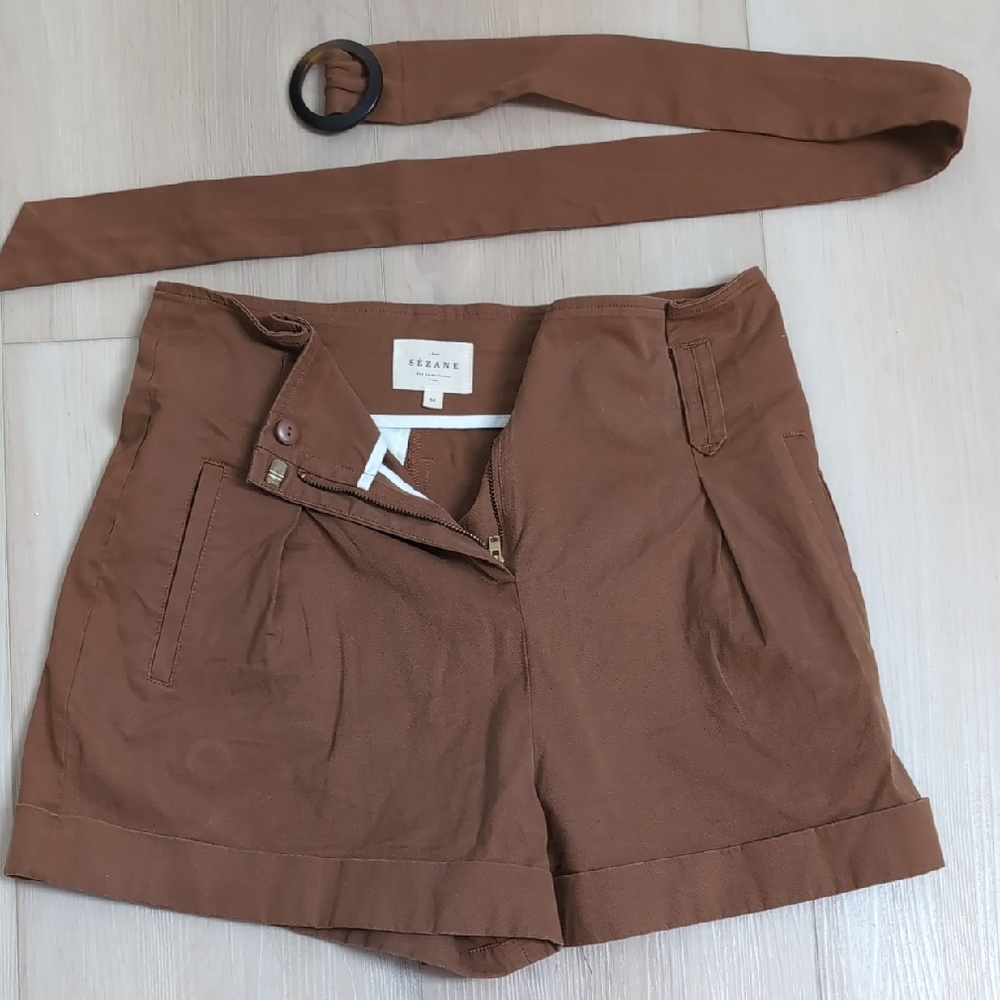 Sezane High Waist Tan Women's Shorts with Belt